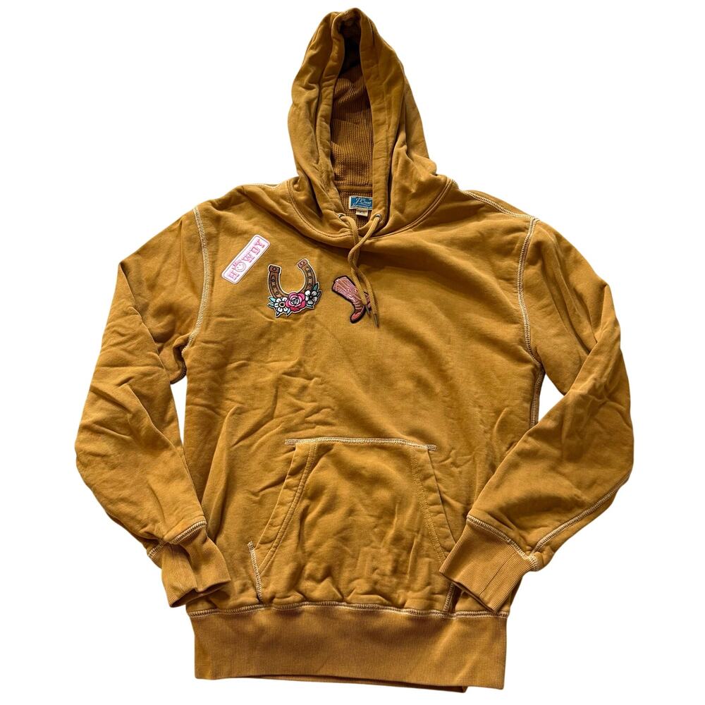 J.Crew Garment Dyed French Terry Hoodie Western Patch Horseshoe Boot Tan XS